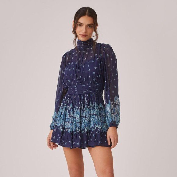 Anthropologie Let Me Be Blue Floral Mock Neck Mini Dress Long Balloon Sleeve S - Picture 1 of 16